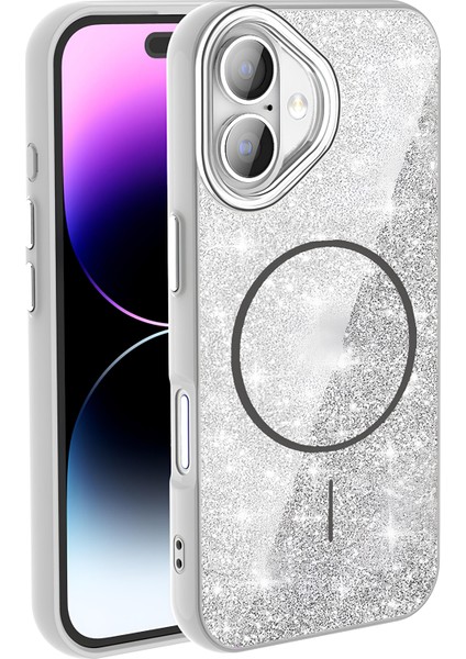 Apple iPhone 16 Kılıf Magsafe Şarj Özellikli Parlayan Simli Yüksek Kalite Şık Kapak