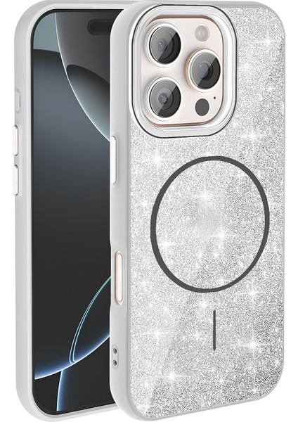 Apple iPhone 16 Pro Kılıf Magsafe Şarj Özellikli Parlayan Simli Yüksek Kalite Şık Kapak