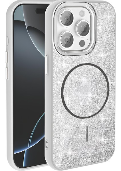Apple iPhone 15 Pro Max Kılıf Magsafe Şarj Özellikli Parlayan Simli Yüksek Kalite Şık Kapak