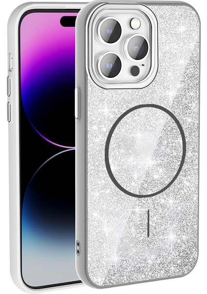 Apple iPhone 14 Pro Max Kılıf Magsafe Şarj Özellikli Parlayan Simli Yüksek Kalite Şık Kapak