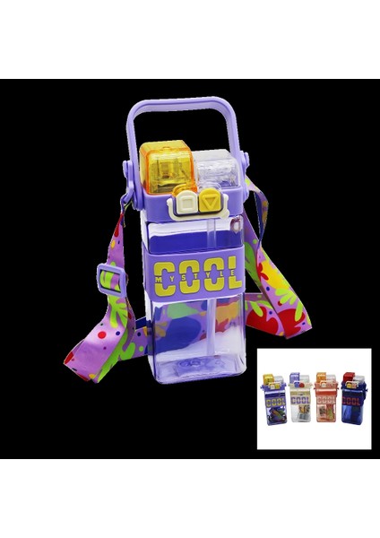 Dikdörtgen - 2 Kapaklı Renkli Mika Kristal Suluk Matara Pipetli - Kilitli Kapak - Taşıma Kulplu - Askılı 520ML (4172)