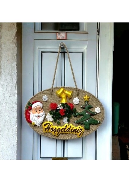 Çam Ağacı, Noel Baba ve Hoşgeldiniz Yazılı El Yapımı Yılbaşı Kapı Süsü