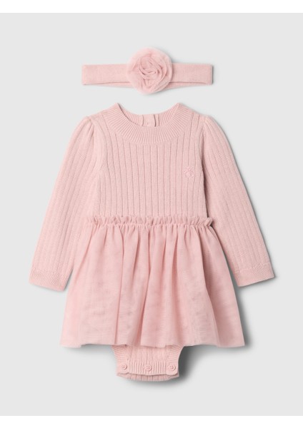 Bebek Pembe Tül Bodysuit Elbise Seti