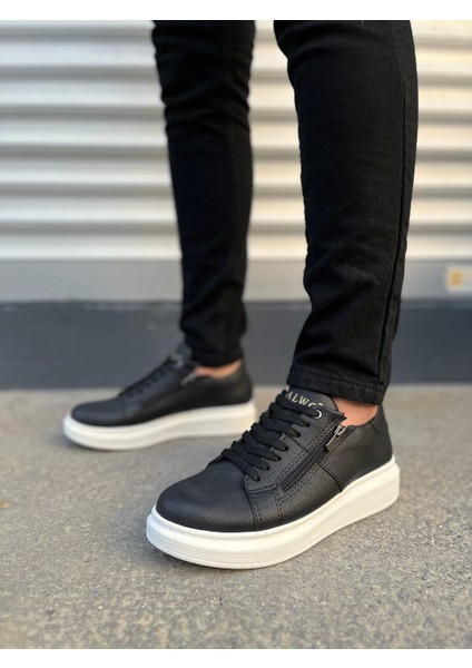 JY155 Warrior Bağcıklı ve Fermuarlı Cilt Erkek Günlük Sneaker Ayakkabı Cbt - Siyah