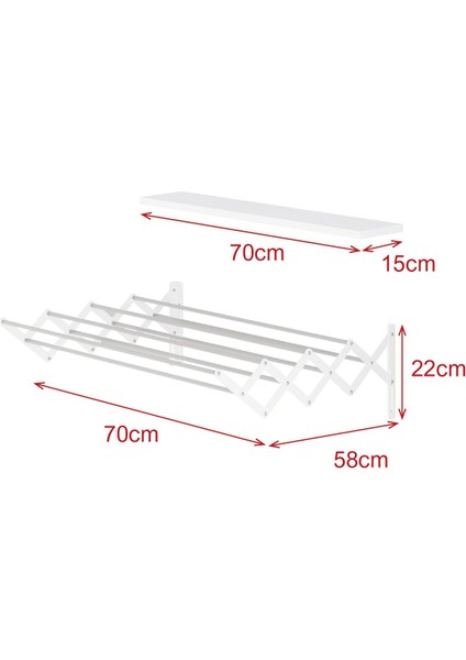Akordiyon Çamaşır Kurutmalık - Duvara Monte, Katlanabilir Çamaşırlık 70 cm Beyaz - Uçan Raf Hediye