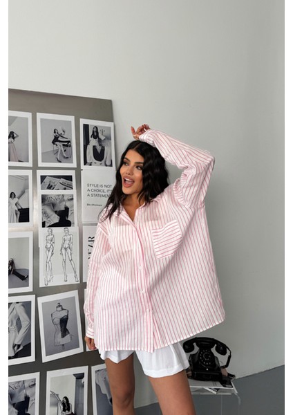 Simli Çizgili Vual Gömlek - Pembe