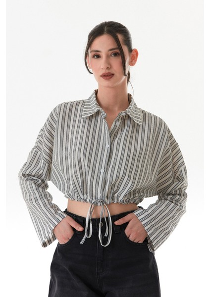 Çizgili Önü Bağlamalı Crop Gömlek