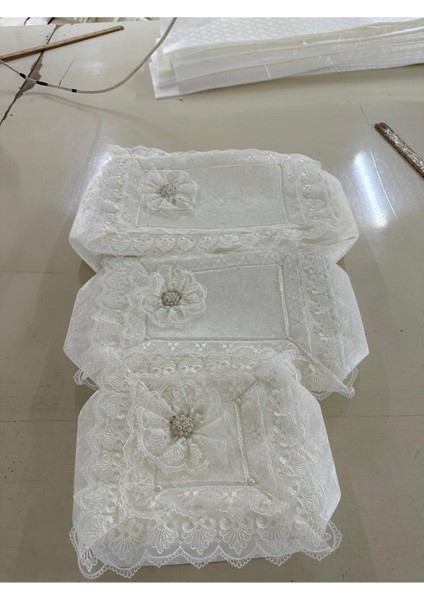 Fransız Güpürlü Kadife Taşlı Süslü Bohça Söz Nişan Hurcu Çeyizlik 3'lü Set
