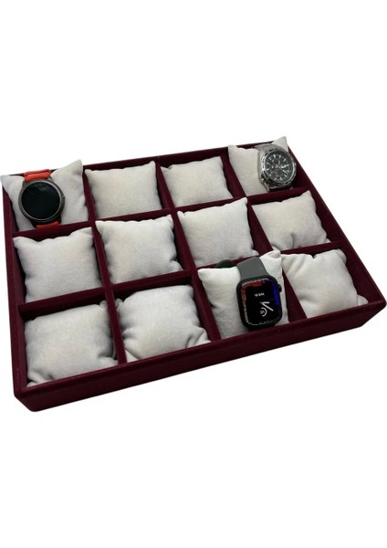 Yerli Üretim Tokyo Model Süet Kumaş Bordo -Beyaz Renk 34/24 cm Yastıklı Saat ve Takı Kutusu