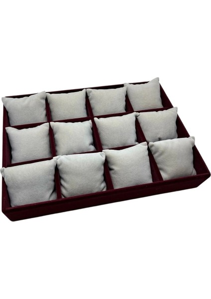 Yerli Üretim Tokyo Model Süet Kumaş Bordo -Beyaz Renk 34/24 cm Yastıklı Saat ve Takı Kutusu