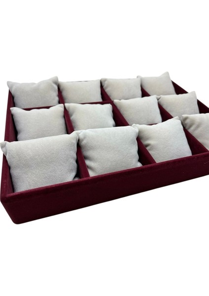 Yerli Üretim Tokyo Model Süet Kumaş Bordo -Beyaz Renk 34/24 cm Yastıklı Saat ve Takı Kutusu