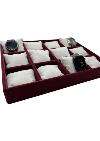 Yerli Üretim Tokyo Model Süet Kumaş Bordo -Beyaz Renk 34/24 cm Yastıklı Saat ve Takı Kutusu