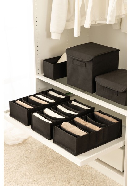 3lü Set 7 Bölmeli Siyah Dolap Çekmece Içi Akordiyon Katlanır Çorap Çamaşır Düzenleyici Organizer