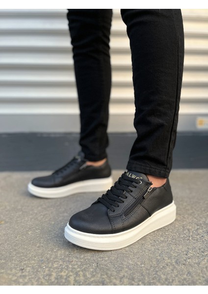 JY155 Warrior Bağcıklı ve Fermuarlı Cilt Erkek Günlük Sneaker Ayakkabı Cbt - Siyah