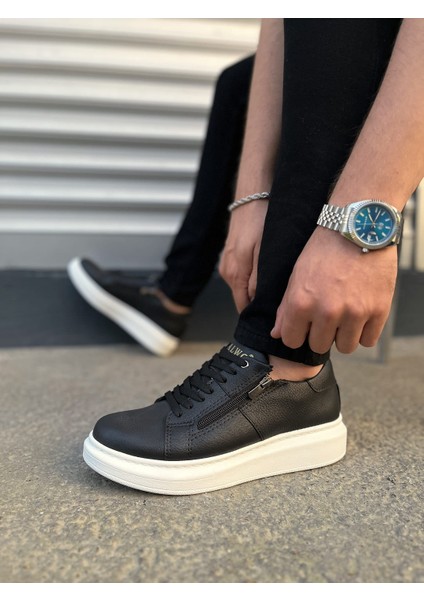 JY155 Warrior Bağcıklı ve Fermuarlı Cilt Erkek Günlük Sneaker Ayakkabı Cbt - Siyah