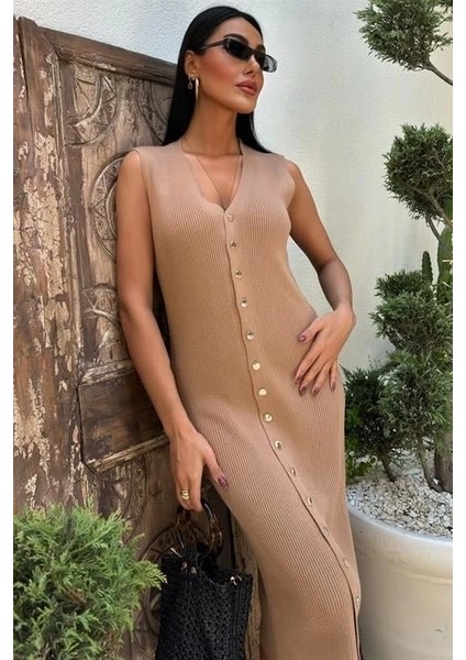 Önü Düğmeli Fitilli Kolsuz Elbise 2832