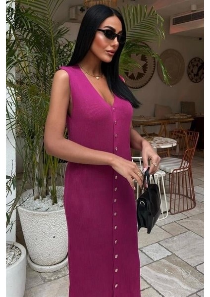 Önü Düğmeli Fitilli Kolsuz Elbise 2832