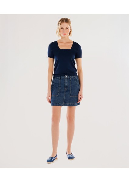 Cepli Detaylı Kısa Denim Etek