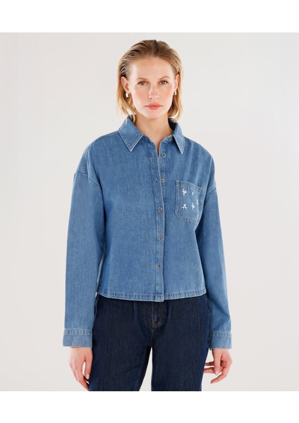 Nakışlı Detaylı Uzun Kollu Denim Gömlek