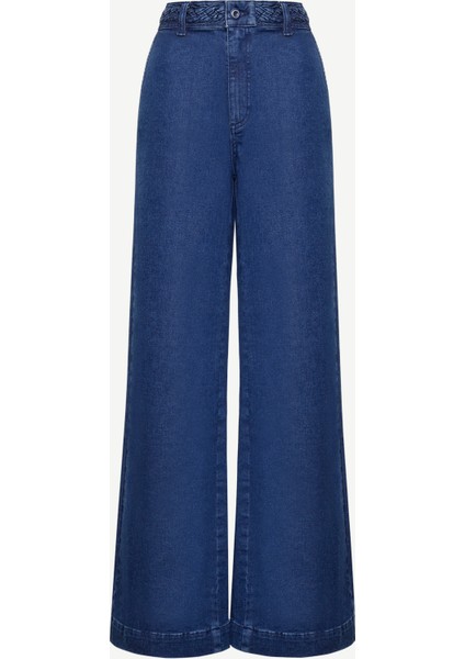 Örgü Kemer Detaylı Yüksek Bel Geniş Paça Denim Pantolon