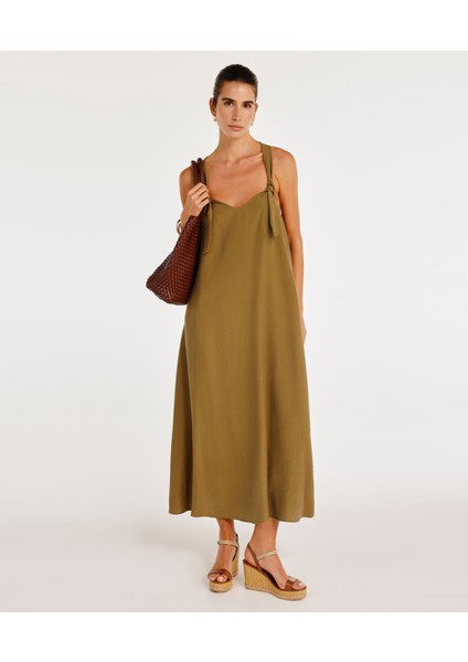 Düğüm Askı Detaylı V Yaka Uzun Boy Elbise