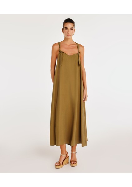 Düğüm Askı Detaylı V Yaka Uzun Boy Elbise modelleri