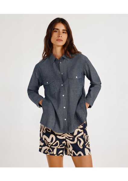 Yırtmaç Detaylı Uzun Kollu Denim Gömlek fiyatları