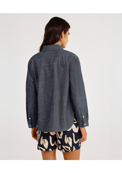 Yırtmaç Detaylı Uzun Kollu Denim Gömlek modelleri