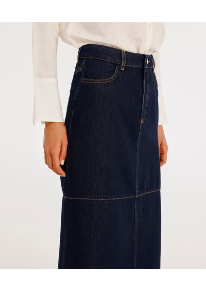 Yırtmaç Detaylı Denim Etek