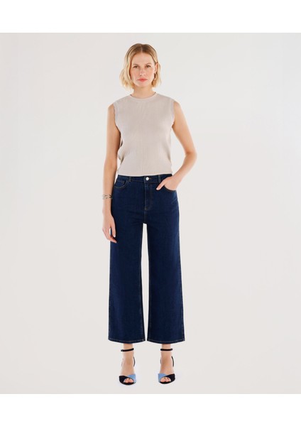 Yüksek Bel Cep Detaylı Denim Pantolon