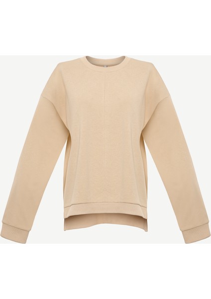 Dikiş ve Yırtmaç Detaylı Bisiklet Yaka Sweatshirt