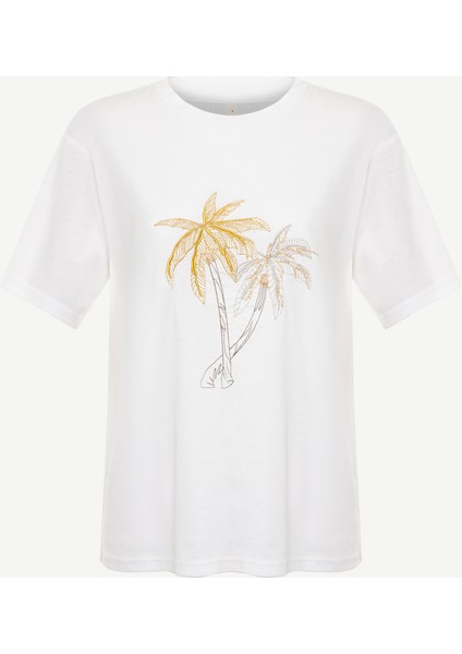 Nakış Detaylı Bisiklet Yaka Kısa Kollu T-Shirt