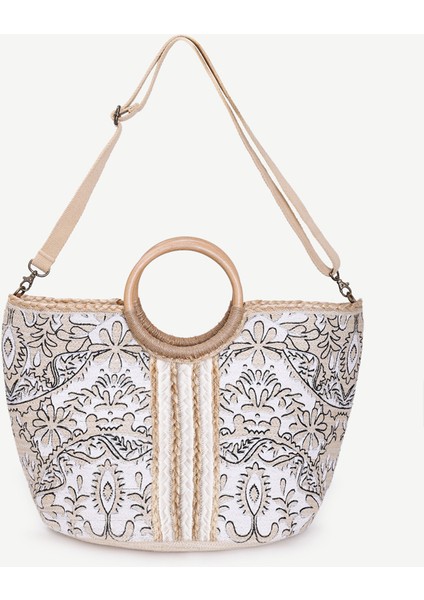Ahşap Saplı Etnik Desenli Jute Çanta