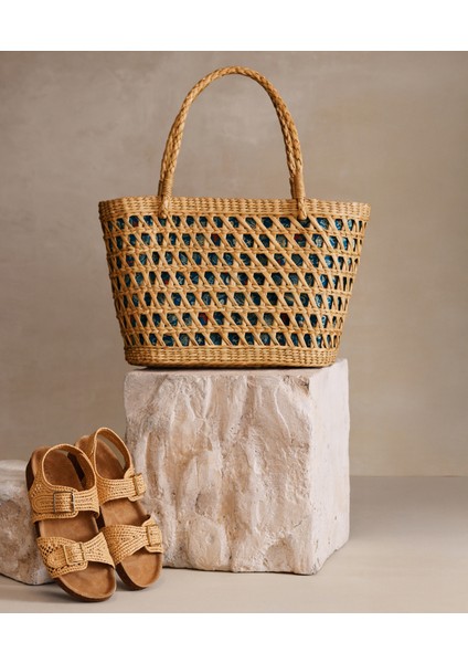 Desen Kumaş Astarlı Rattan Çanta