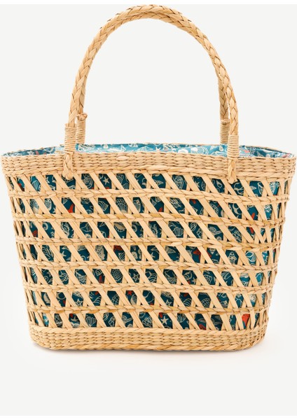 Desen Kumaş Astarlı Rattan Çanta