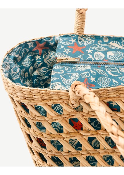 Desen Kumaş Astarlı Rattan Çanta
