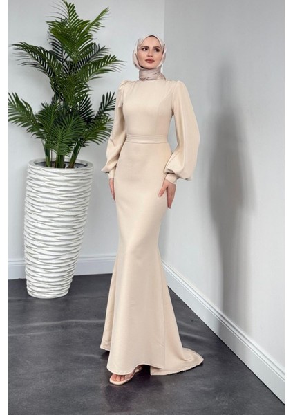 Lorenza Balon Kol Kuyruklu Abiye Krem