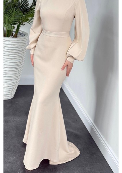 Lorenza Balon Kol Kuyruklu Abiye Krem modelleri