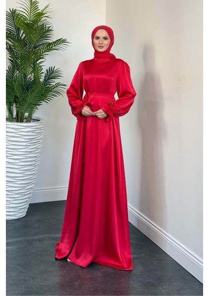 Lady Kolu Fırfır Saten Abiye Kırmızı