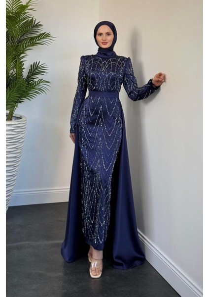 Katy Pelerinli Simli Abiye Lacivert