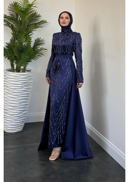 Katy Pelerinli Simli Abiye Lacivert