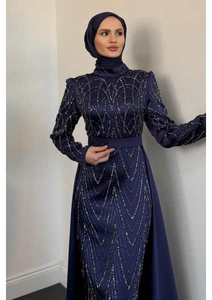 Katy Pelerinli Simli Abiye Lacivert