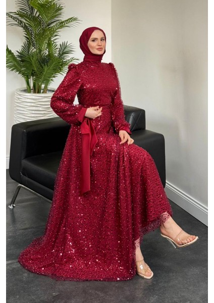 Hilly Kolları Fiyonk Saten Abiye Bordo