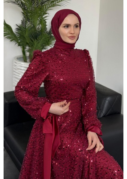 Hilly Kolları Fiyonk Saten Abiye Bordo modelleri