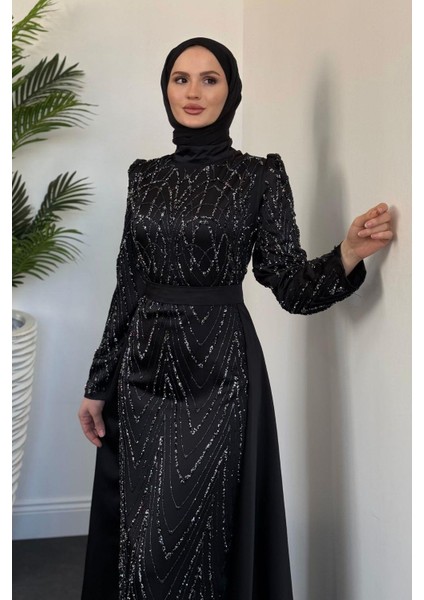Katy Pelerinli Simli Abiye Siyah
