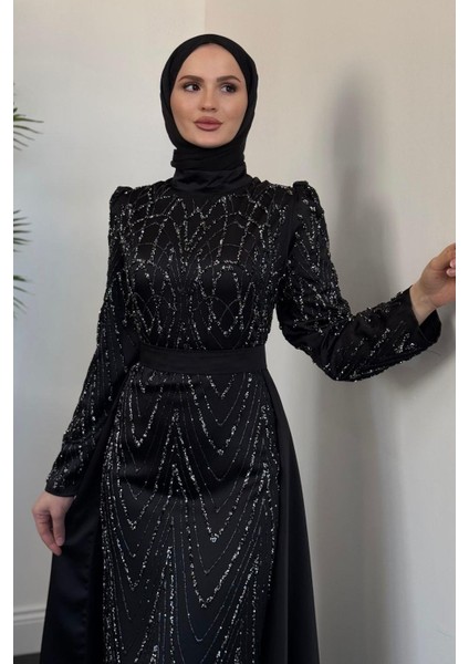 Katy Pelerinli Simli Abiye Siyah