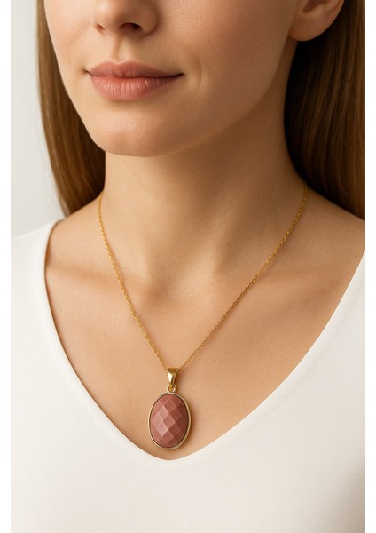 Rodonit Taşı Oval Kolye 45 cm Zincir 8 gr Unisex Doğal Taş Hediye modelleri