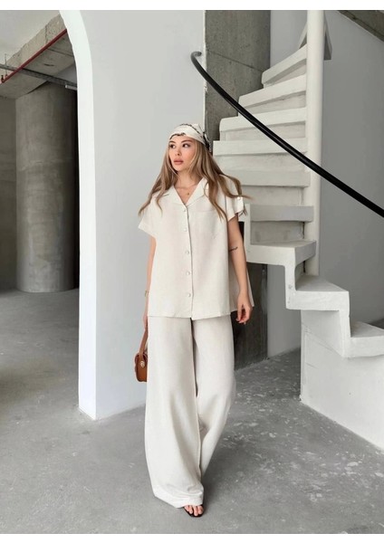 Keten Kısa Kollu Cepli Gömlek Pantolon Ikili Takım - Beyaz fiyatları