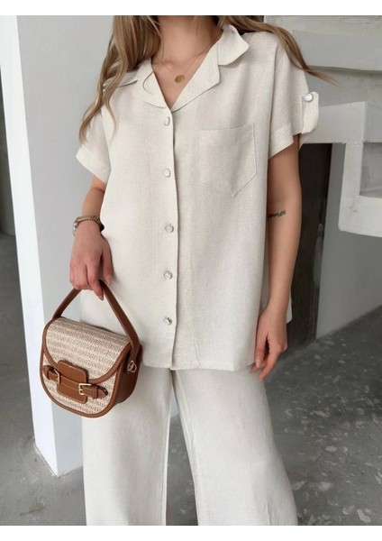 Keten Kısa Kollu Cepli Gömlek Pantolon Ikili Takım - Beyaz modelleri
