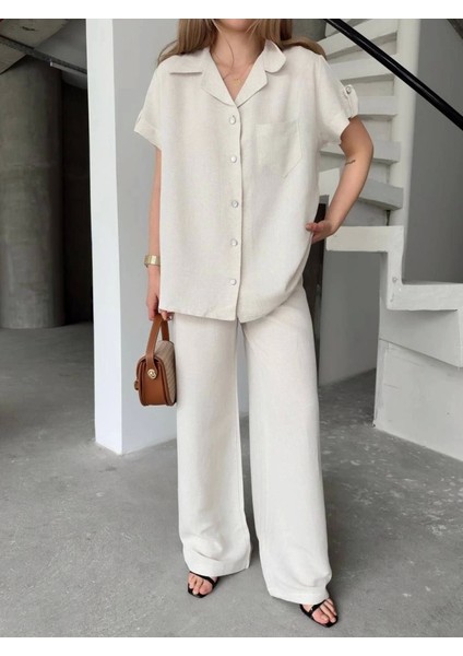 Keten Kısa Kollu Cepli Gömlek Pantolon Ikili Takım - Beyaz fırsatları